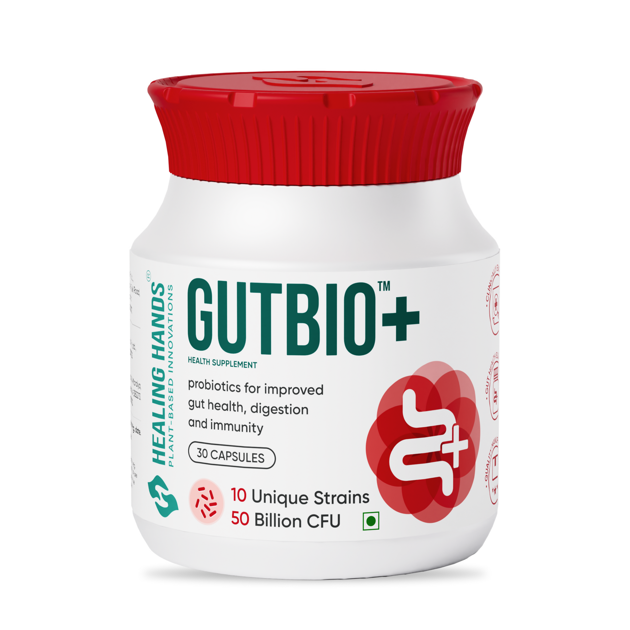 GutBio Plus Probiotic Capsules for Great Gut Health and Immunity I 30 Capsules I 10 Strains - 50 Bn CFUs