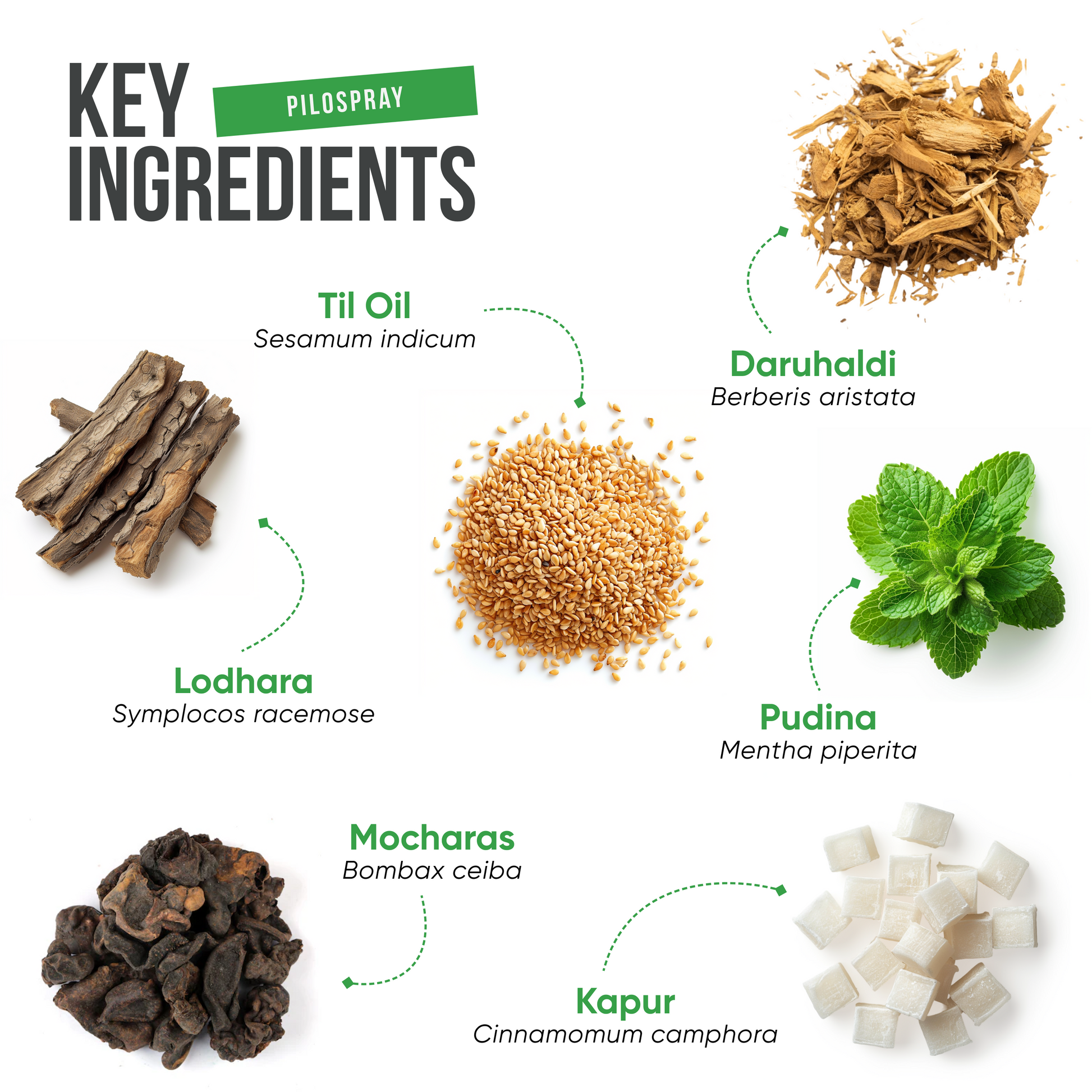 PiloSpray for piles include Til Oil, Daruhaldi, Lodhara, Mocharas, Kapur, Pudina, and Kokam Oil