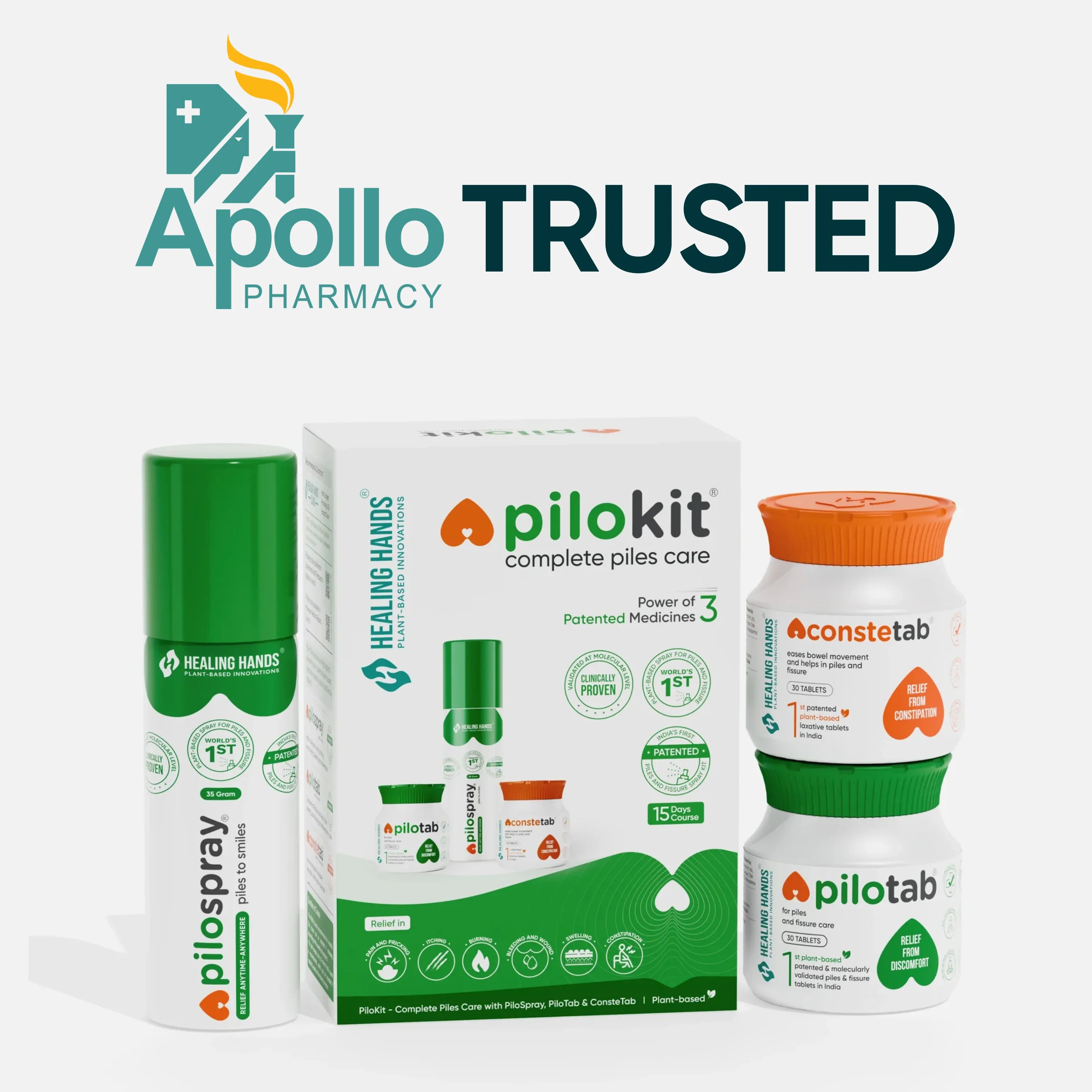 PiloKit Complete Piles Treatment Kit I 15 Days I PiloSpray + PiloTab + ConsteTab I India's 1st Patented