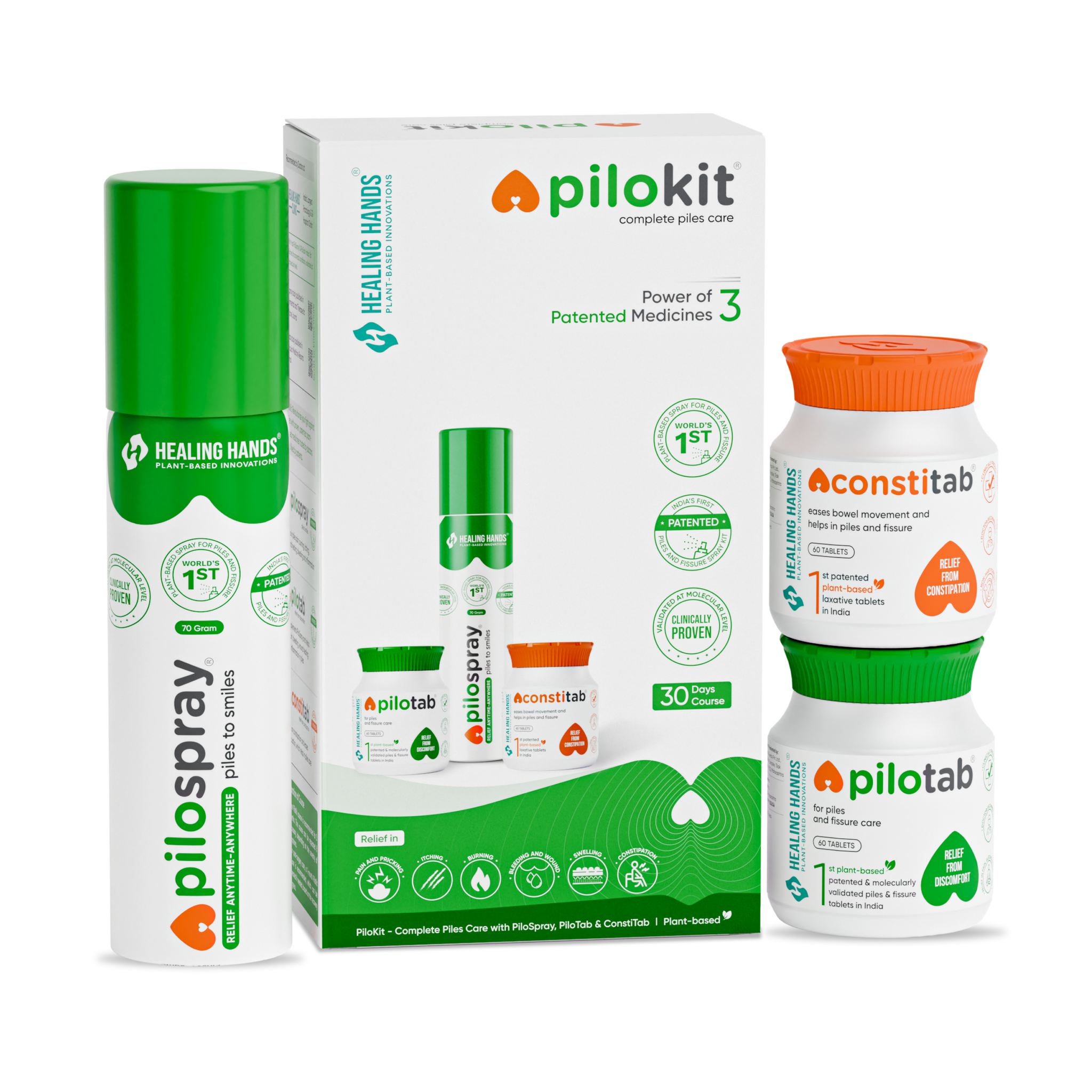 PiloKit Complete Piles Treatment Kit I 30 Days I PiloSpray + PiloTab + ConstiTab I India's 1st Patented