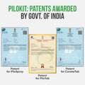 Patents awarded by the Government of India to Pilokit, including PatiSpray, ConsteTab, and PiloTab.