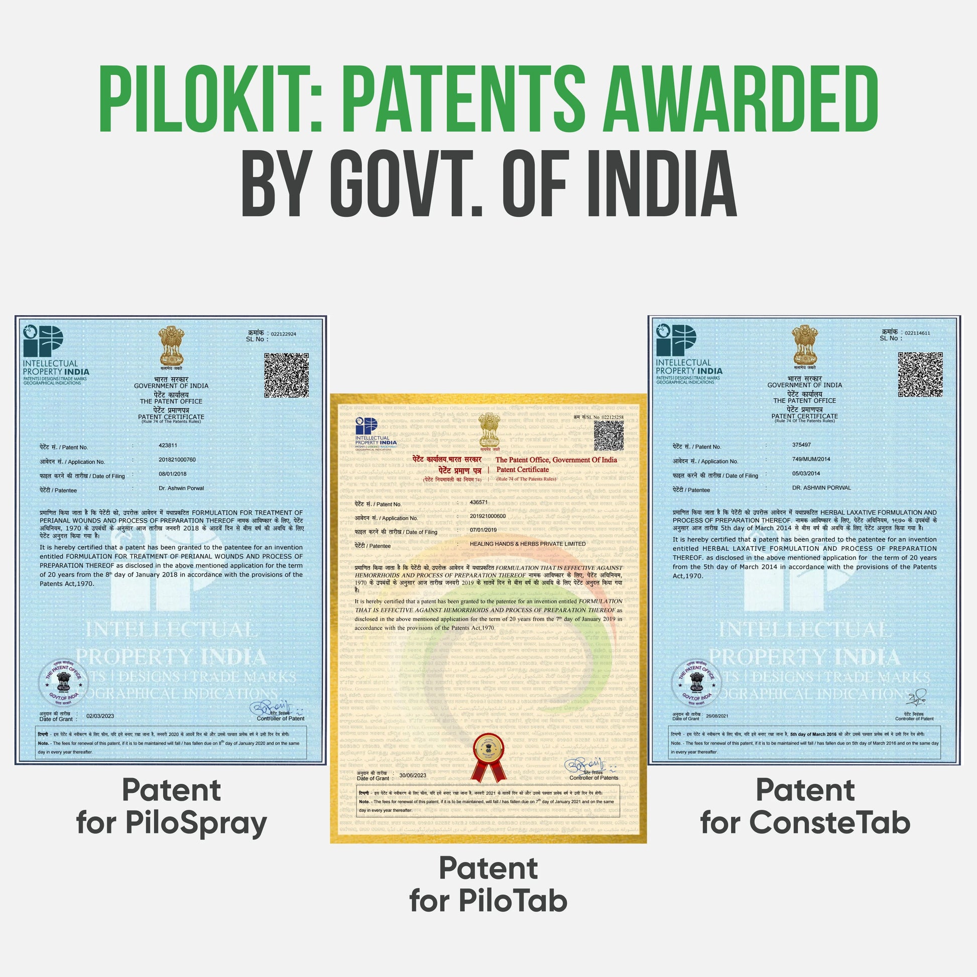 Patents awarded by the Government of India to Pilokit, including PatiSpray, ConsteTab, and PiloTab.